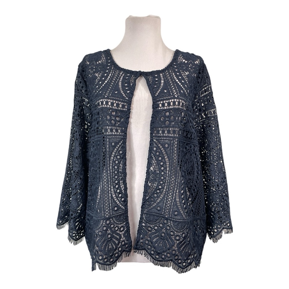 Ruby Rd. NEW Women's Large Open Front Cardigan Shrug Navy Blue Lace 3/4 Sleeves